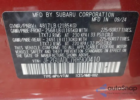2024 Subaru Crosstrek Premium z USA, uszkodzony, nr VIN JF2GUADC7RH900410